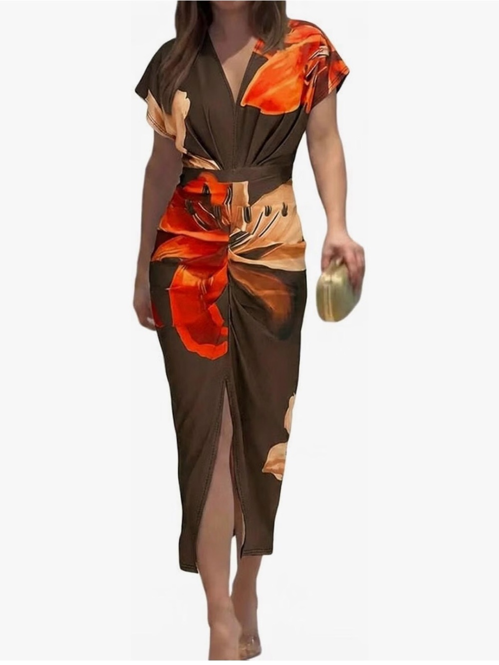 Floral Wrap-Style Midi Dress - Gorgeous fall colors-size L
